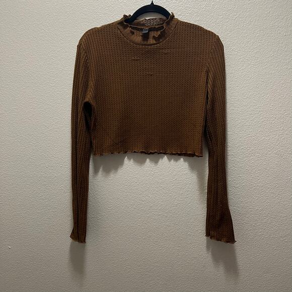 Shein Waffle Knit Brown Long Sleeve Mock Neck Crop Top Scalloped Hem Size Large - Picture 2 of 7